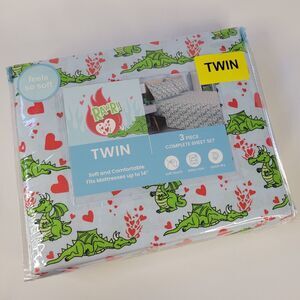 Valentines Day Boys Dragon Fire Hearts 3pc TWIN Sheets Set Blue Green Red Love